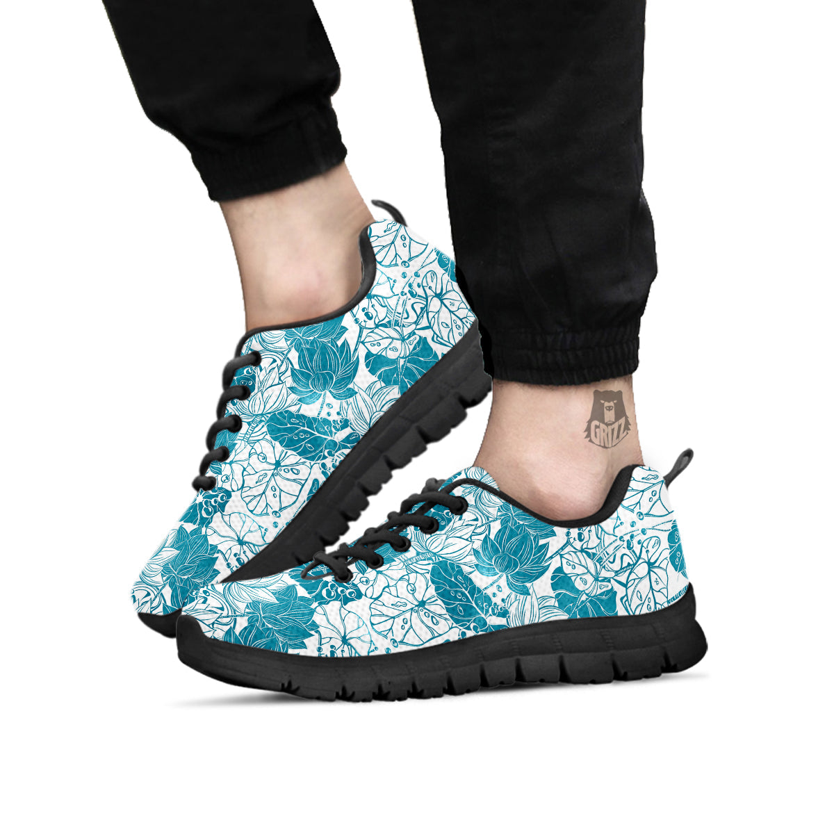 Lotus Blue And White Flower Print Pattern Black Sneaker-grizzshop