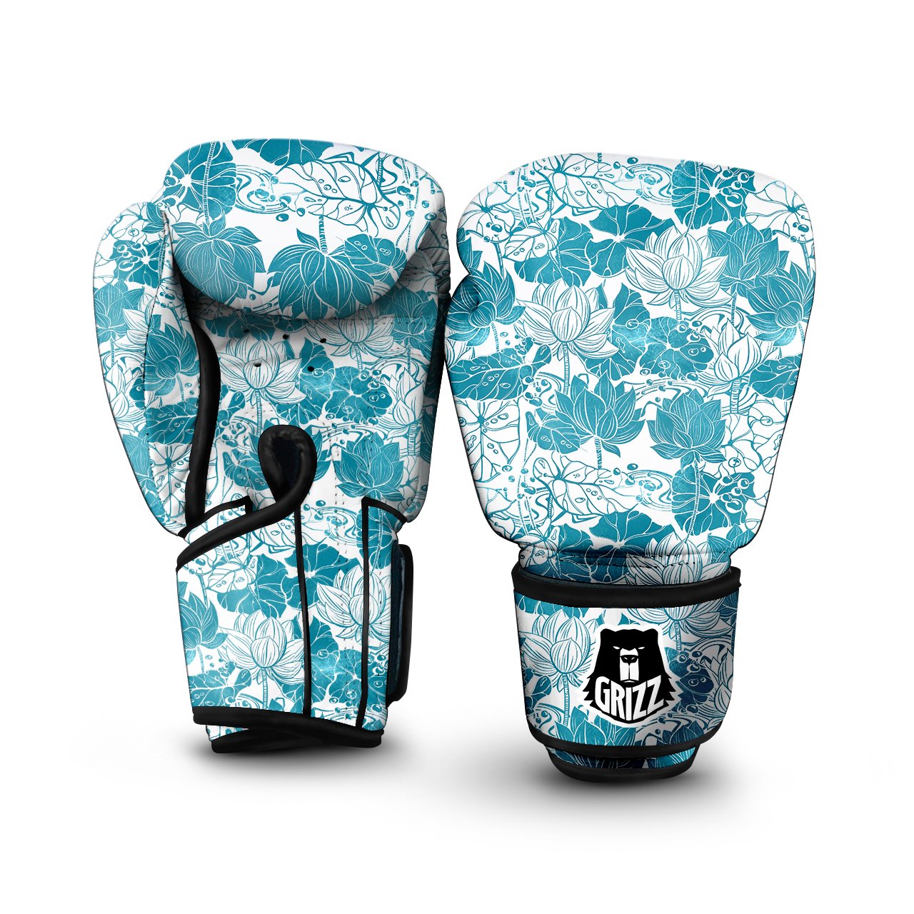 Lotus Blue And White Flower Print Pattern Boxing Gloves-grizzshop
