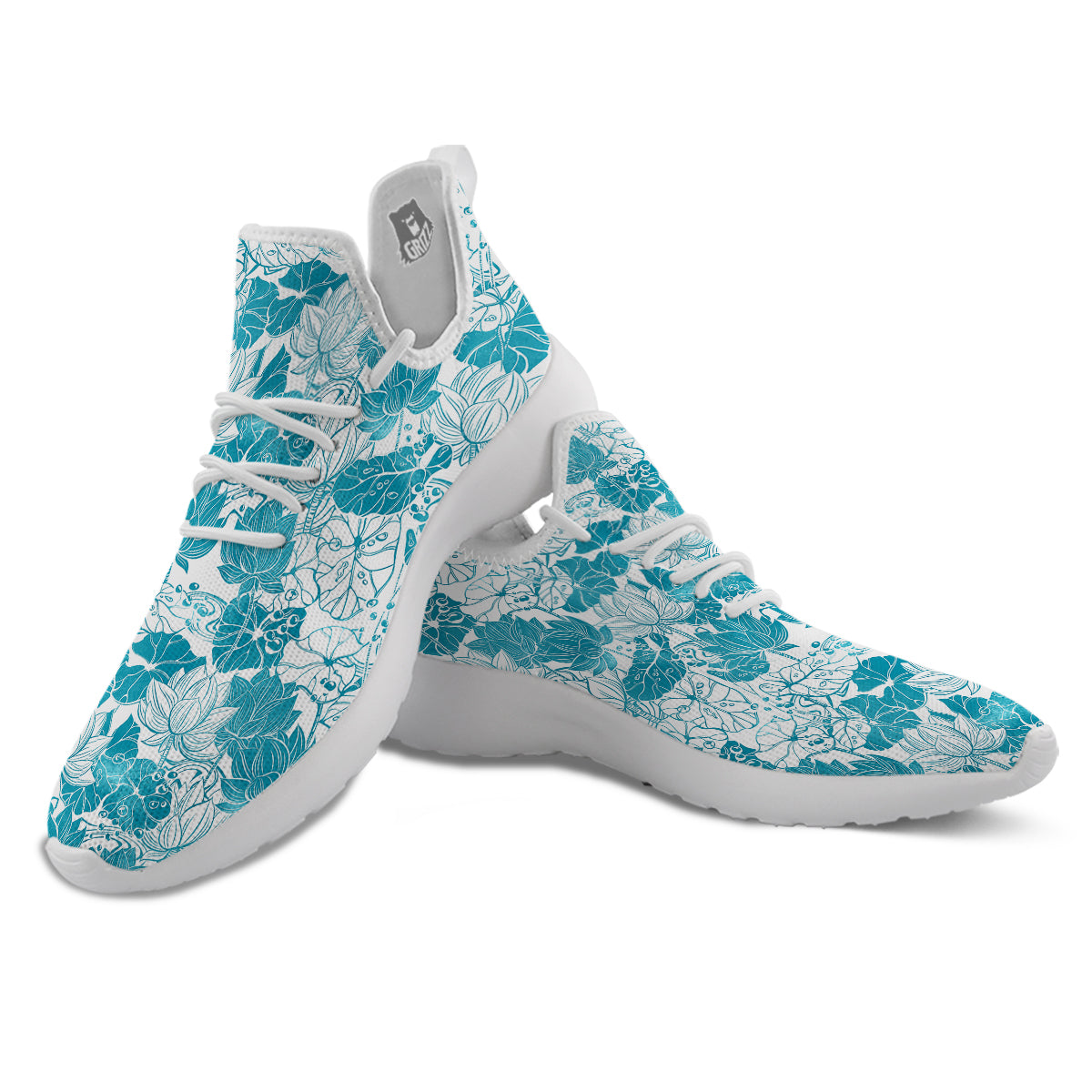 Lotus Blue And White Flower Print Pattern White Athletic Shoes-grizzshop