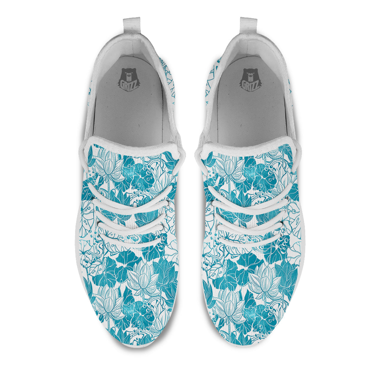 Lotus Blue And White Flower Print Pattern White Athletic Shoes-grizzshop