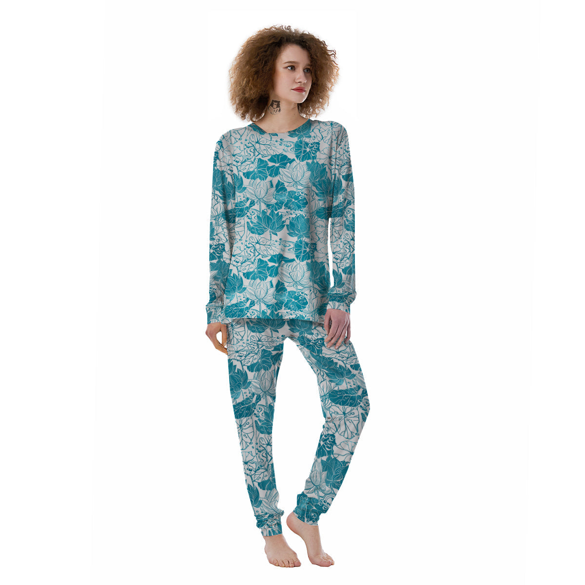 Lotus Blue And White Flower Print Pattern Women's Pajamas-grizzshop