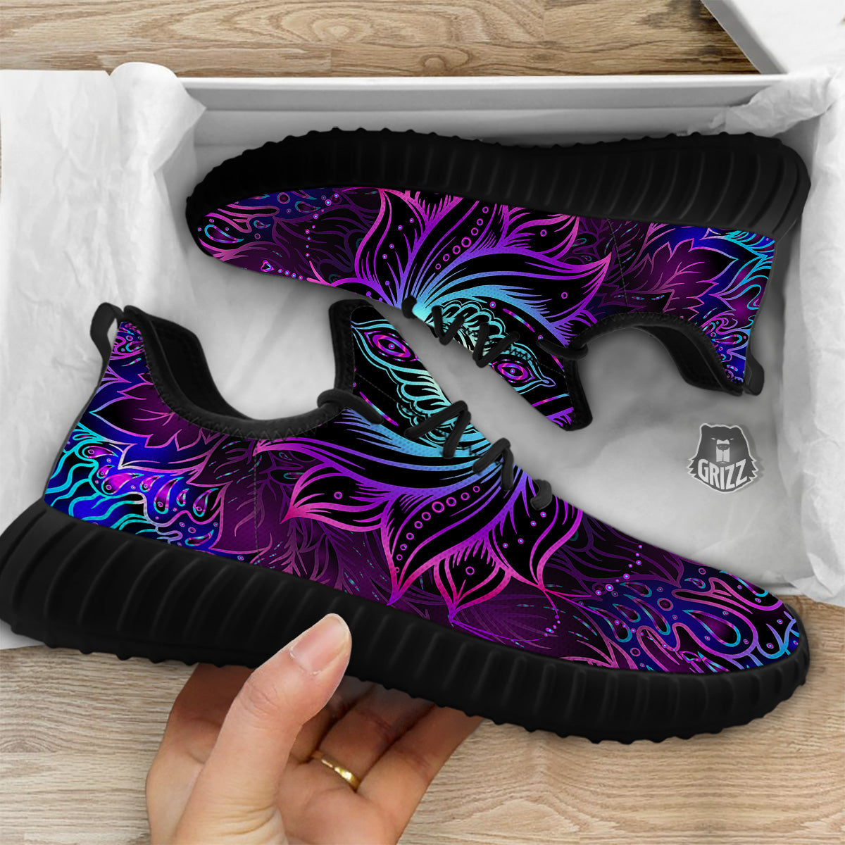 Lotus Boho Spiritual Print Black Walking Shoes-grizzshop