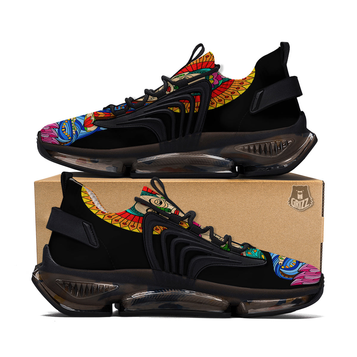 Lotus Buddha Colorful Print Black Gym Shoes-grizzshop