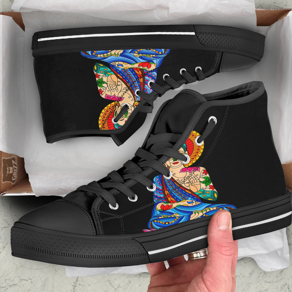 Lotus Buddha Colorful Print Black High Top Shoes-grizzshop
