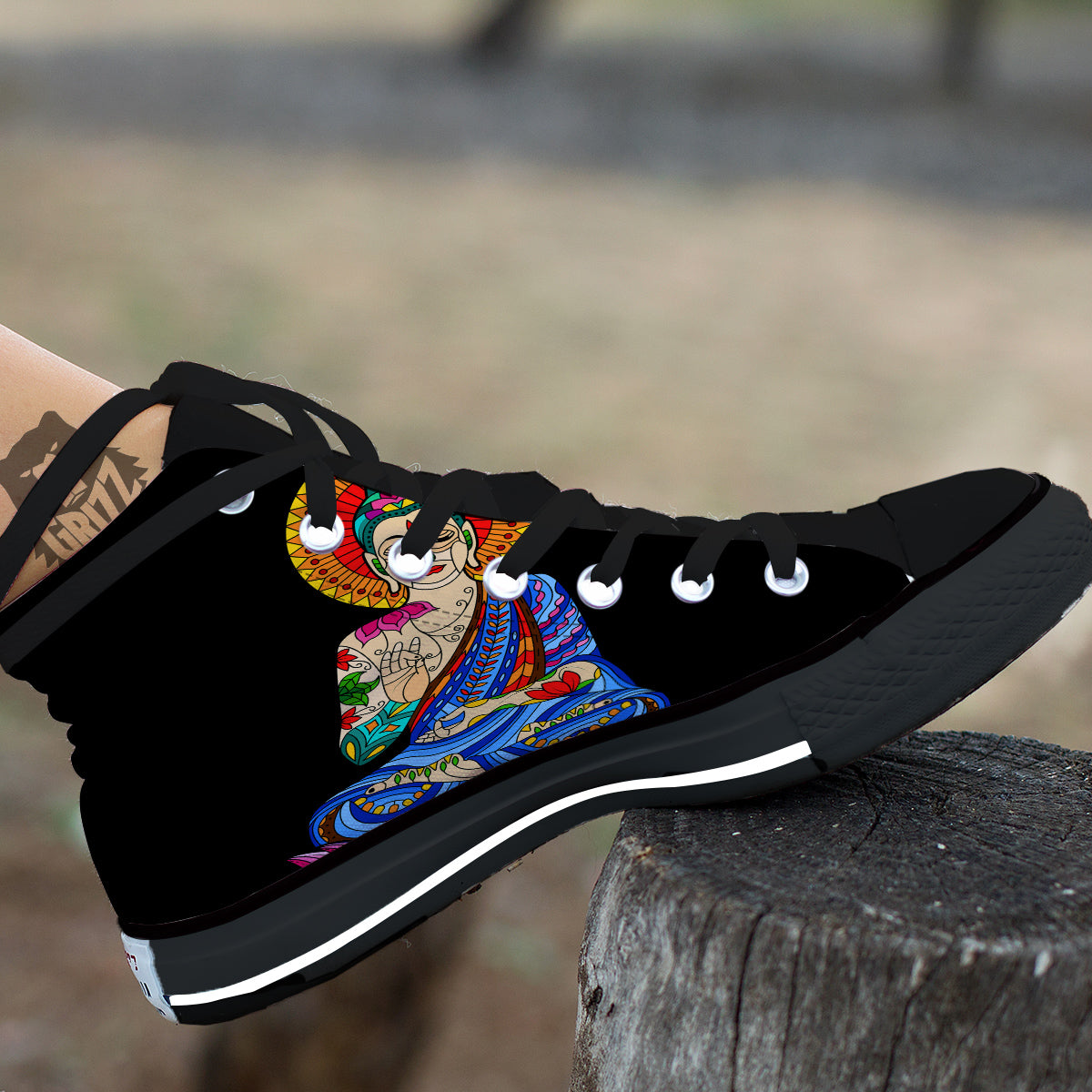 Lotus Buddha Colorful Print Black High Top Shoes-grizzshop