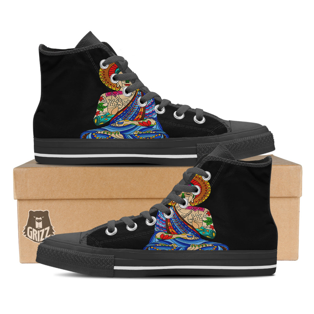 Lotus Buddha Colorful Print Black High Top Shoes-grizzshop