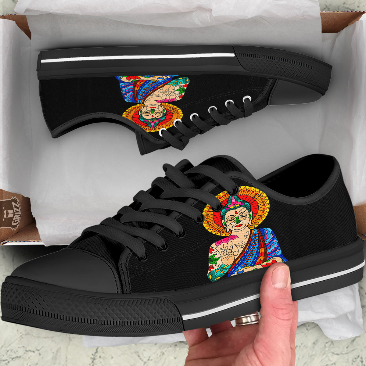 Lotus Buddha Colorful Print Black Low Top Shoes-grizzshop