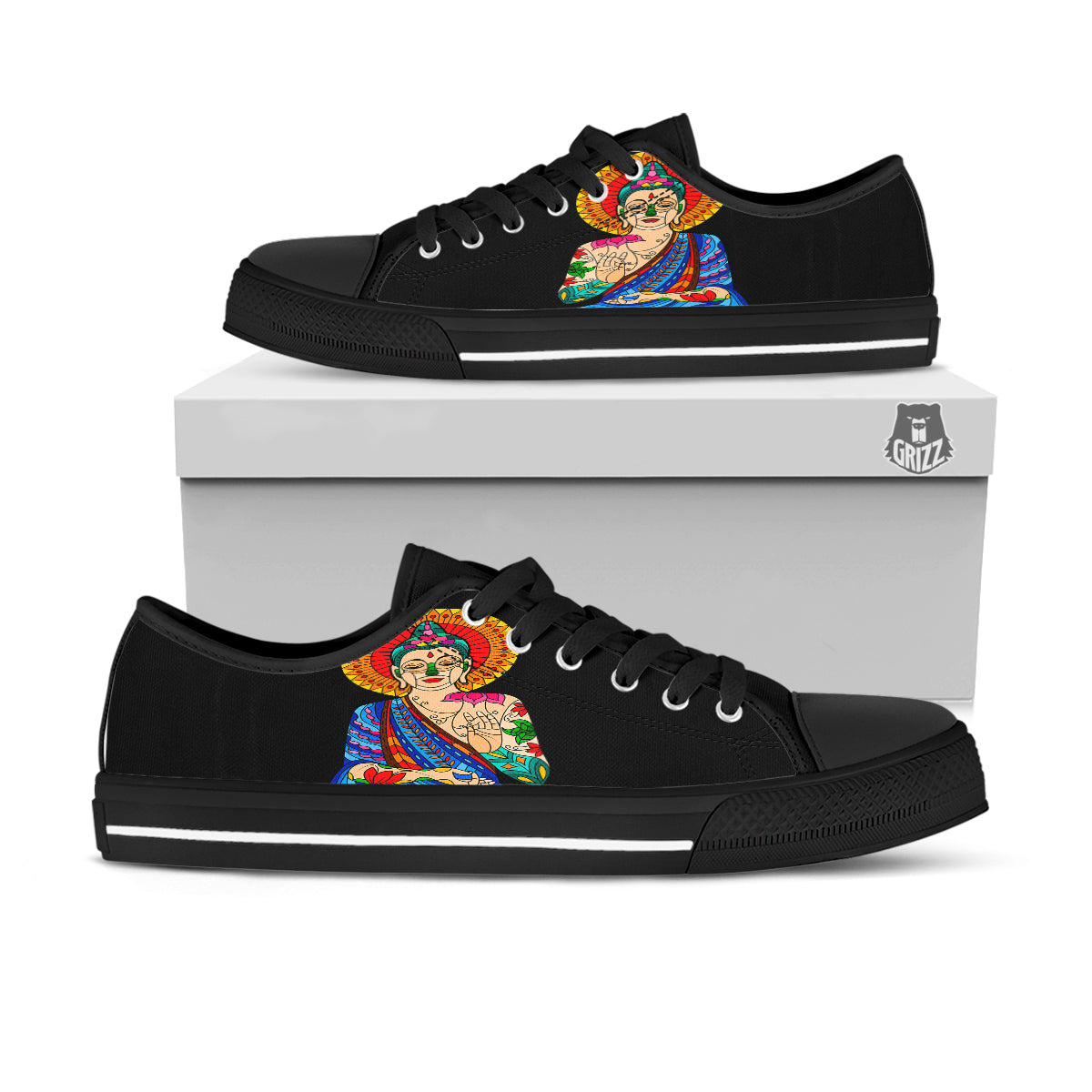 Lotus Buddha Colorful Print Black Low Top Shoes-grizzshop