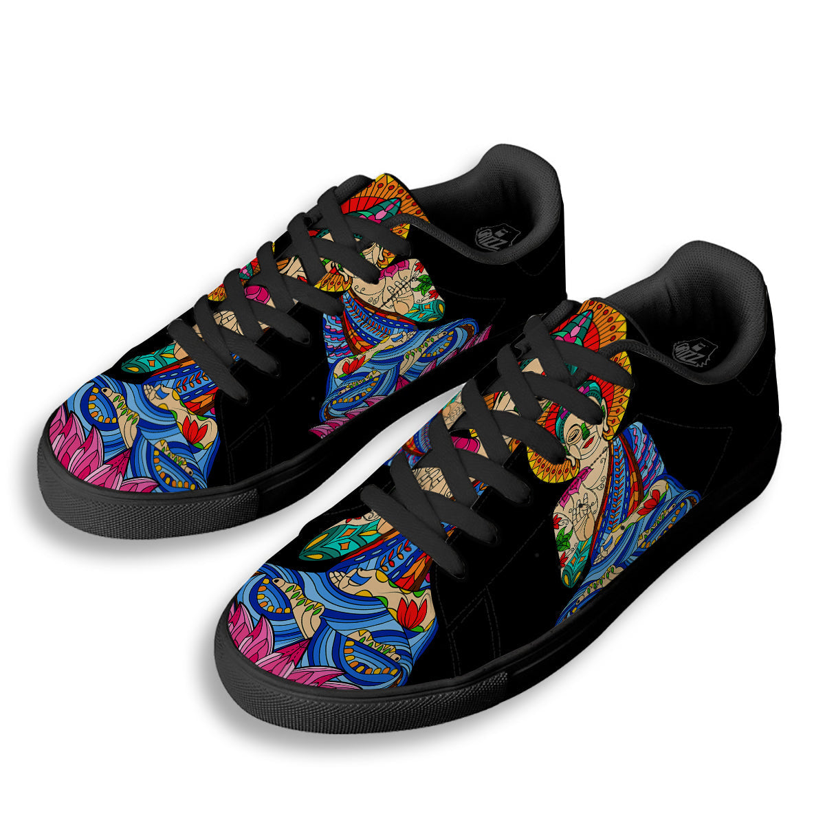 Lotus Buddha Colorful Print Black Low Top Sneakers-grizzshop