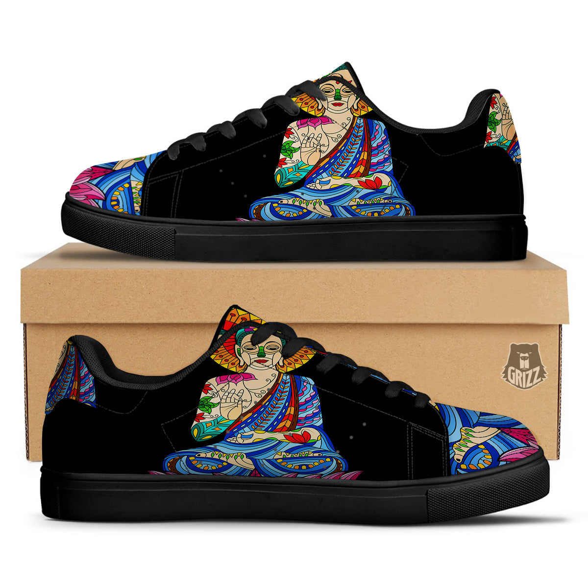 Lotus Buddha Colorful Print Black Low Top Sneakers-grizzshop