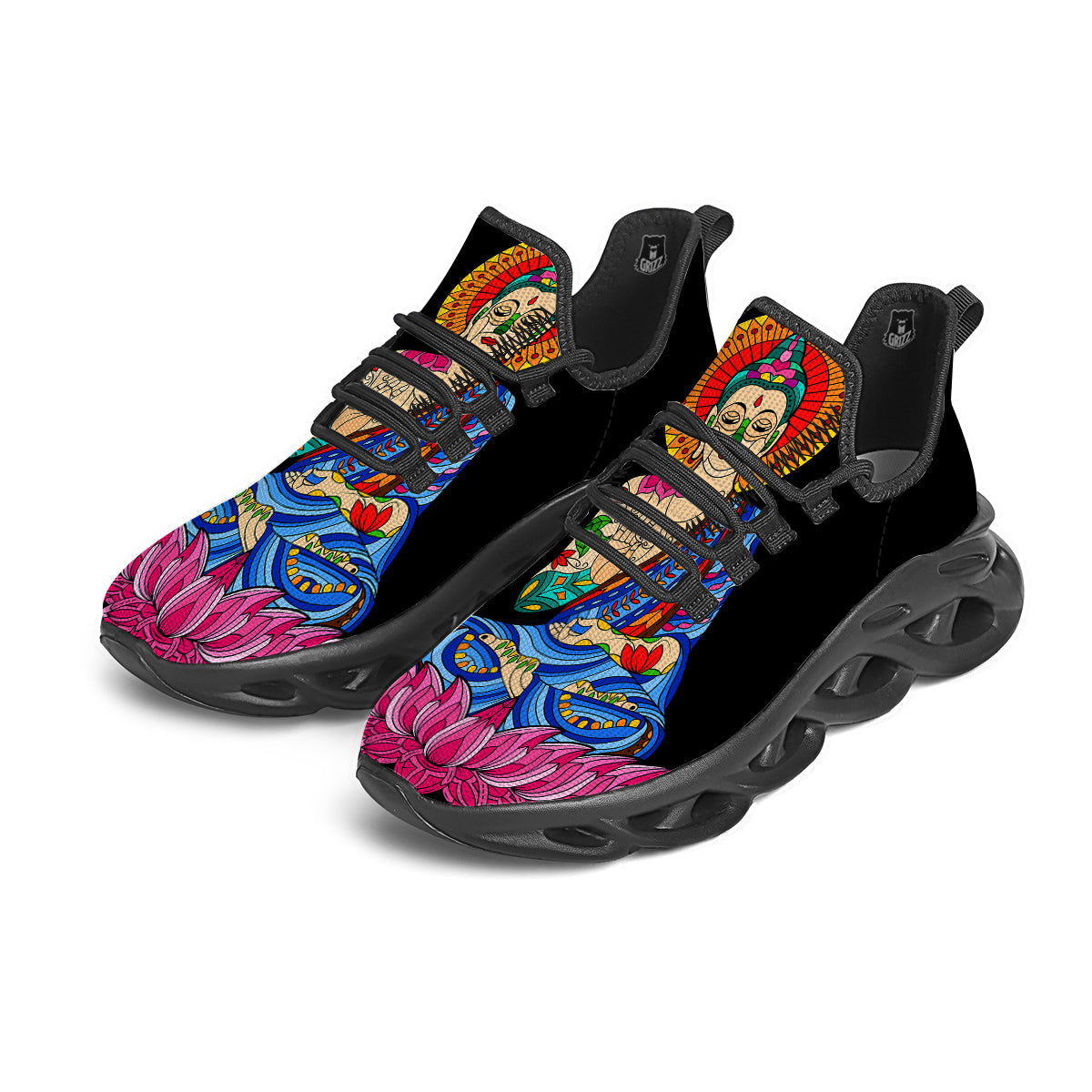 Lotus Buddha Colorful Print Black Running Shoes-grizzshop