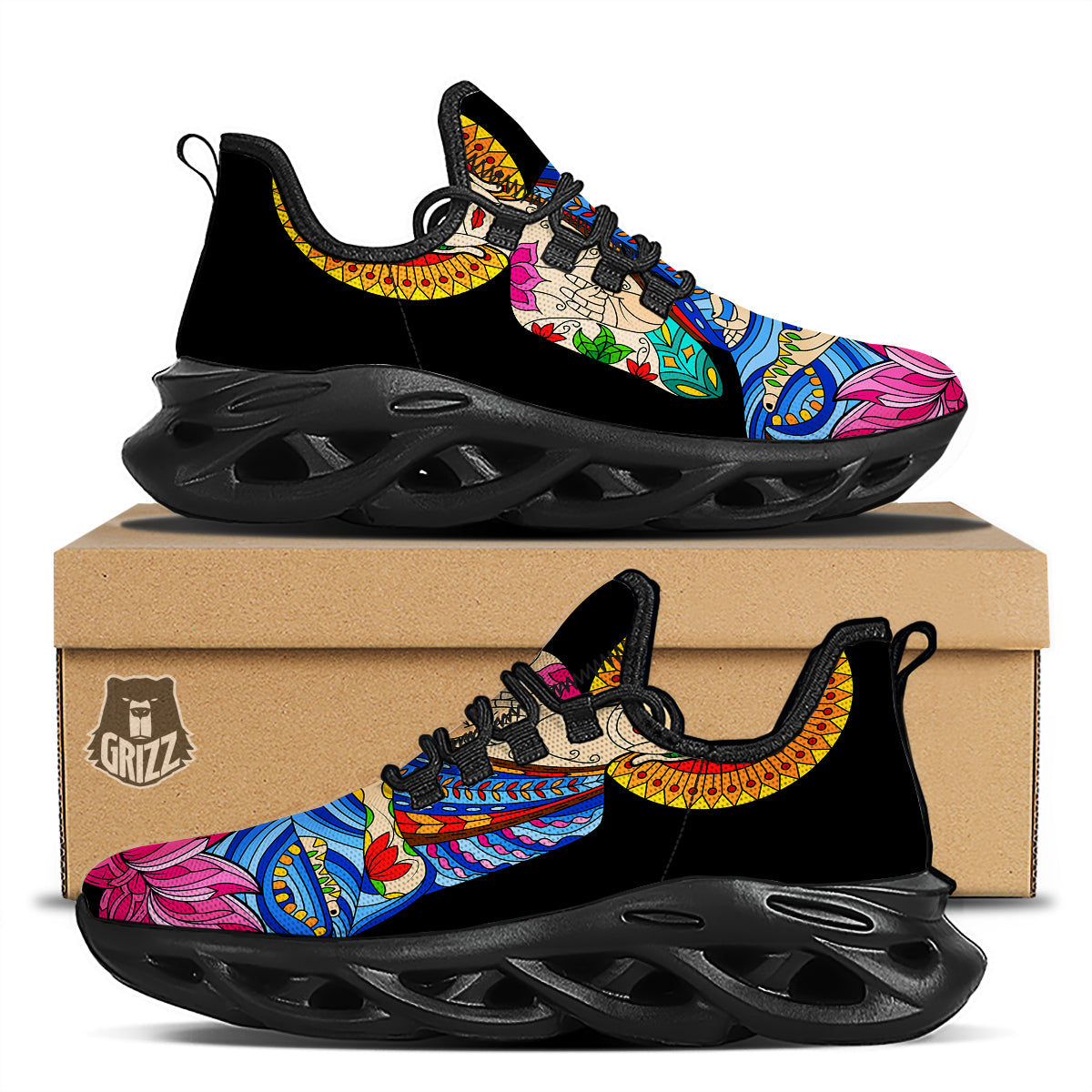 Lotus Buddha Colorful Print Black Running Shoes-grizzshop