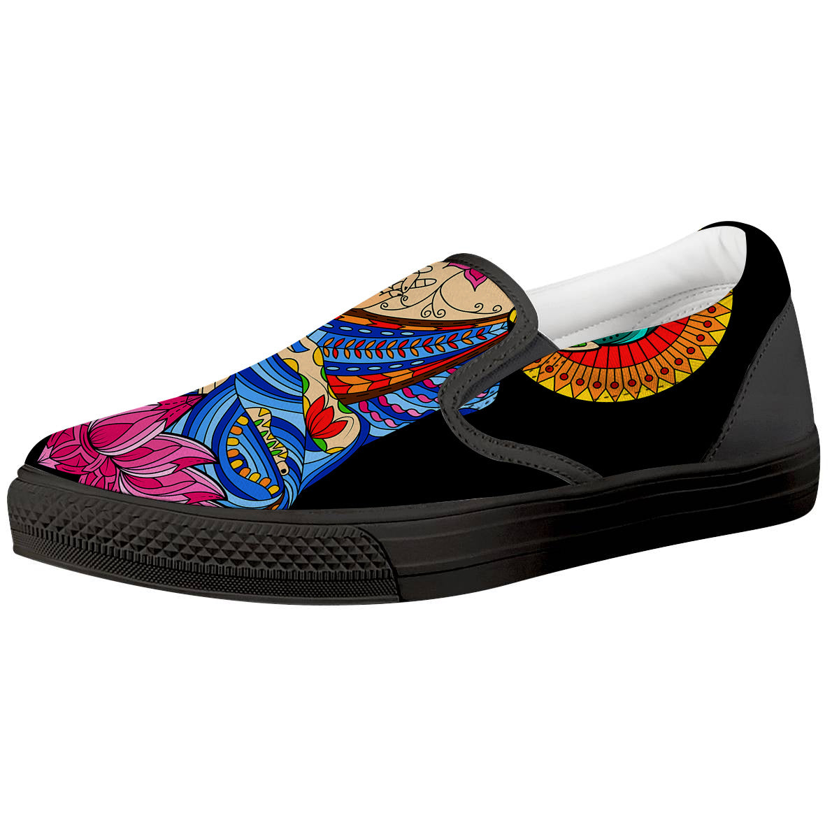 Lotus Buddha Colorful Print Black Slip On Shoes-grizzshop