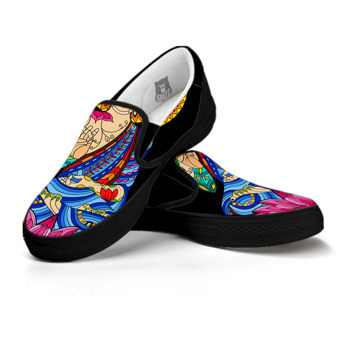 Lotus Buddha Colorful Print Black Slip On Shoes-grizzshop