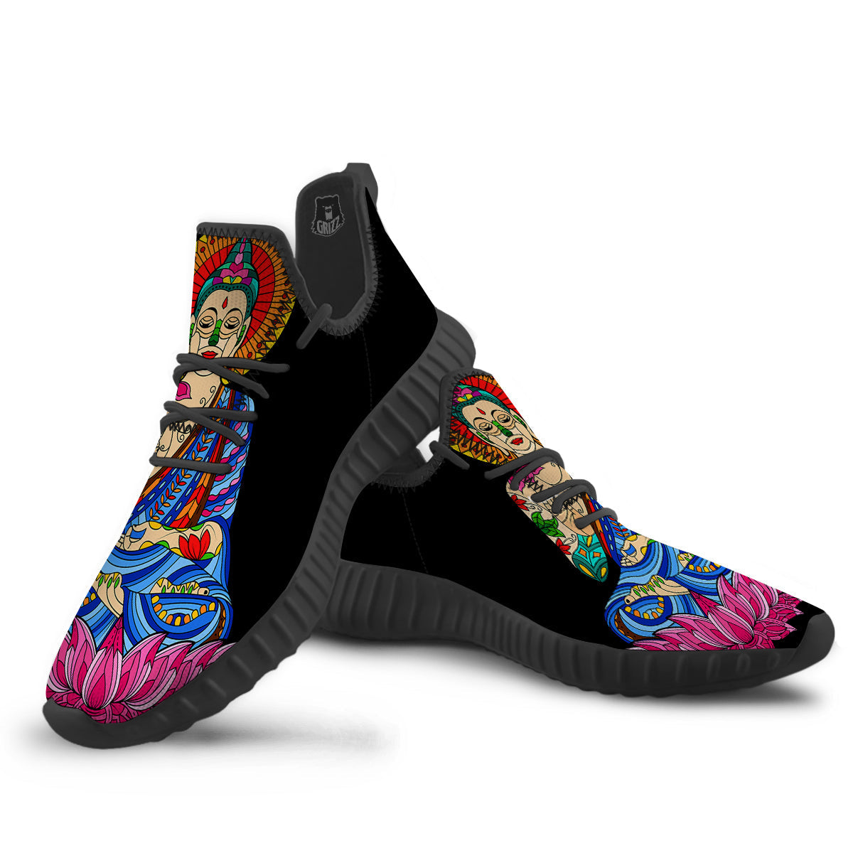 Lotus Buddha Colorful Print Black Walking Shoes-grizzshop