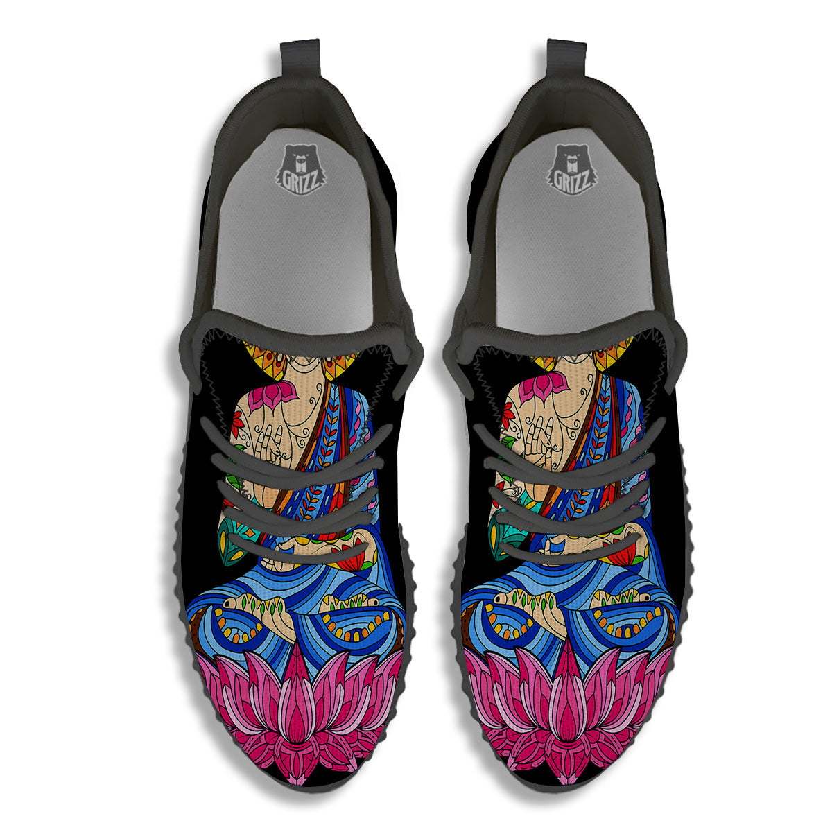 Lotus Buddha Colorful Print Black Walking Shoes-grizzshop