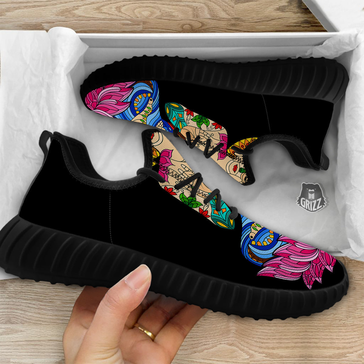Lotus Buddha Colorful Print Black Walking Shoes-grizzshop