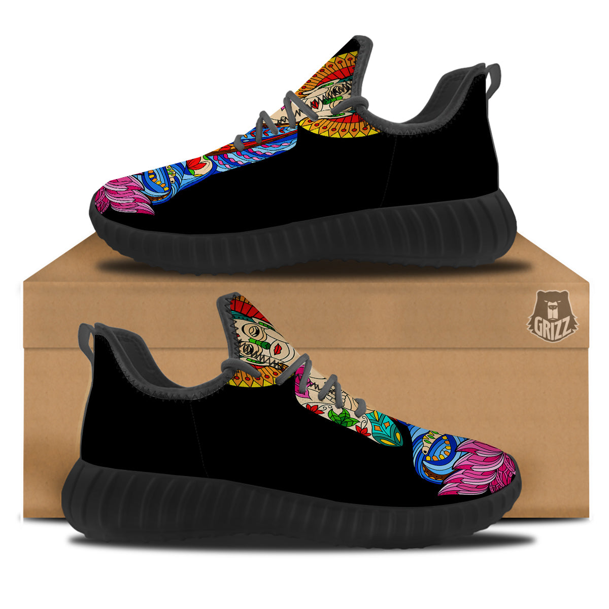 Lotus Buddha Colorful Print Black Walking Shoes-grizzshop