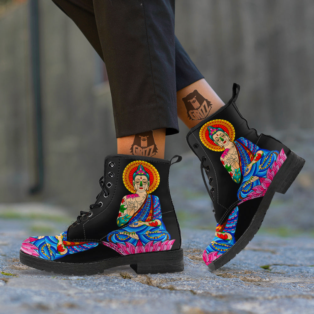 Lotus Buddha Colorful Print Leather Boots-grizzshop