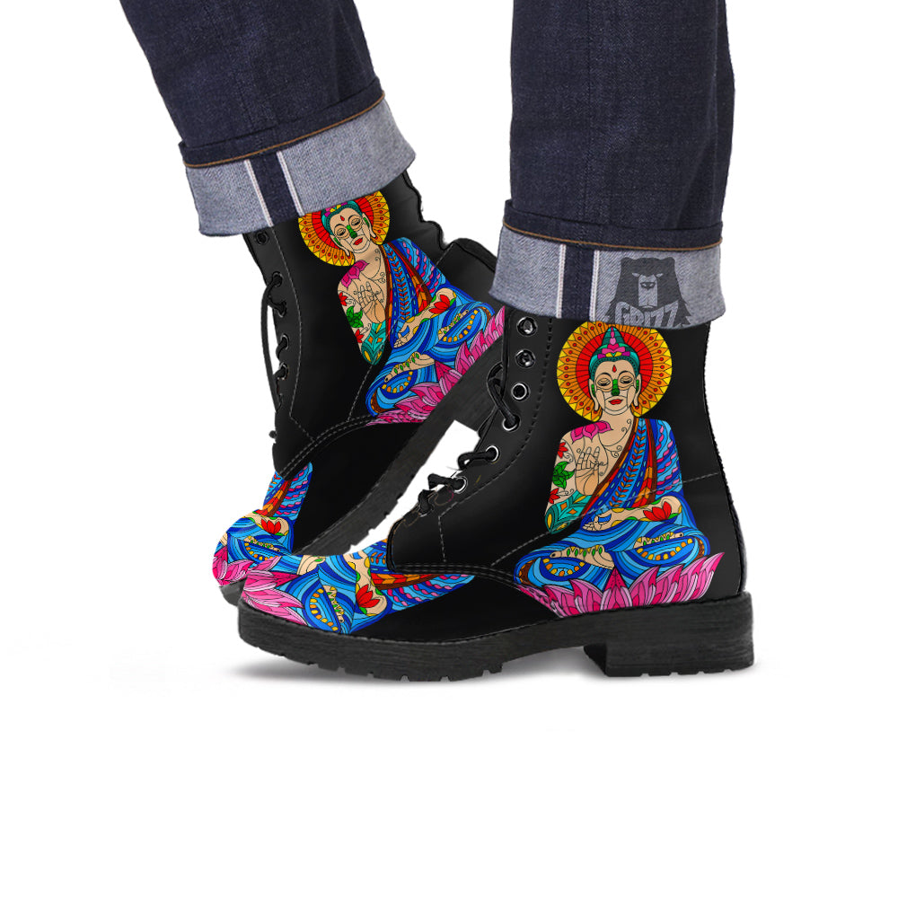 Lotus Buddha Colorful Print Leather Boots-grizzshop