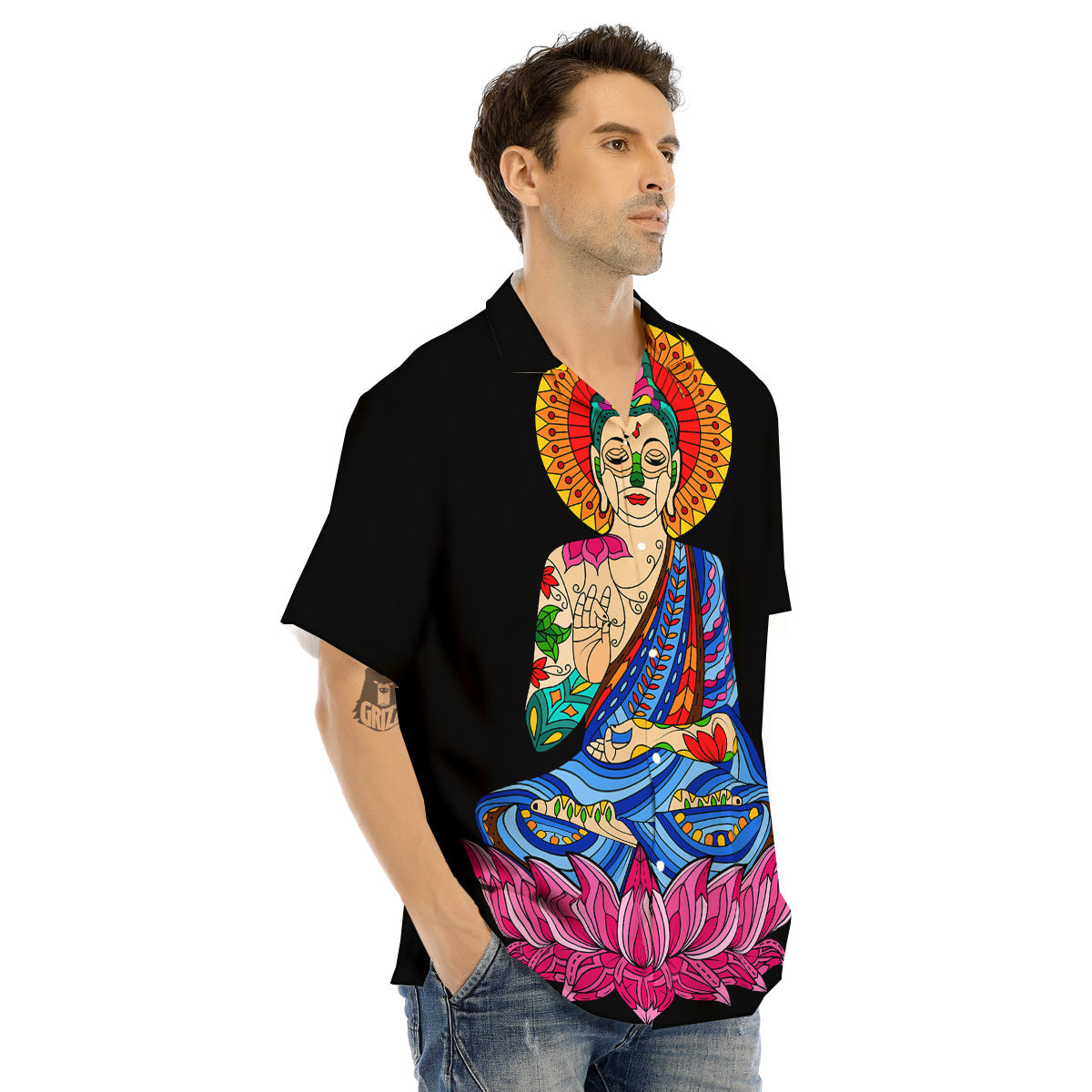 Lotus Buddha Colorful Print Men's Hawaiian Shirt-grizzshop