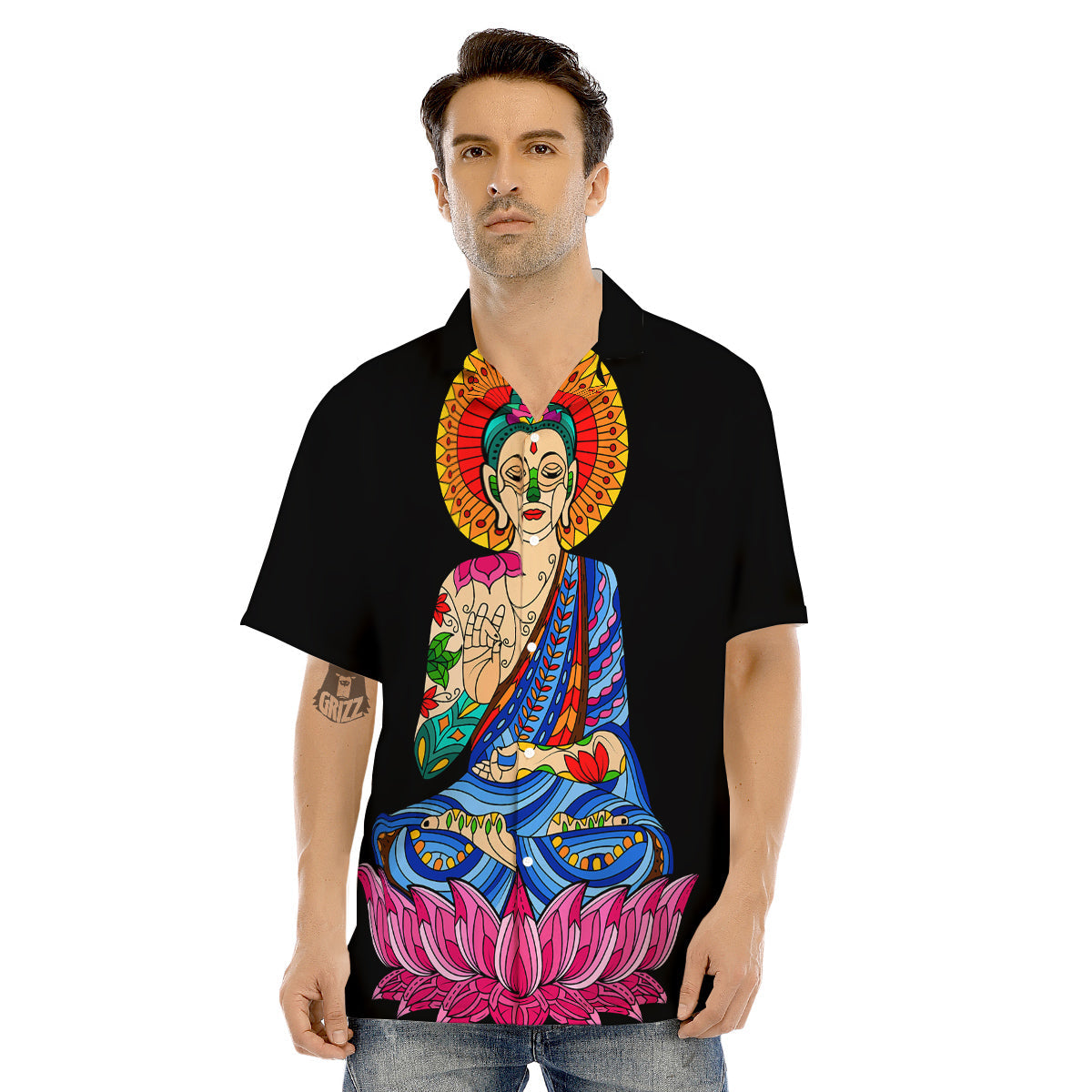 Lotus Buddha Colorful Print Men's Hawaiian Shirt-grizzshop