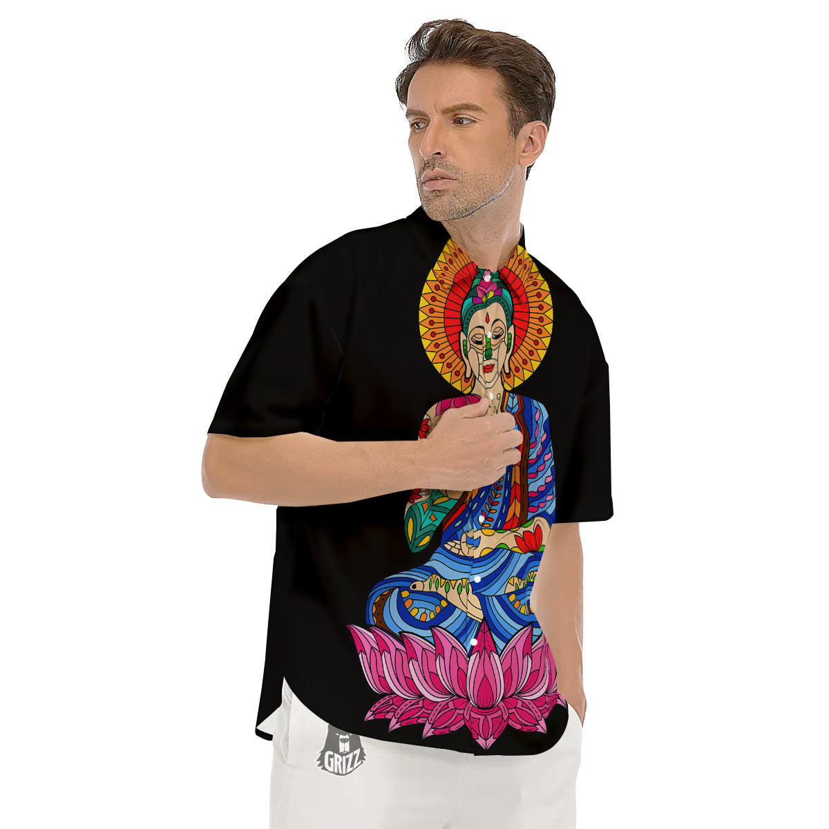 Lotus Buddha Colorful Print Men's Short Sleeve Shirts-grizzshop