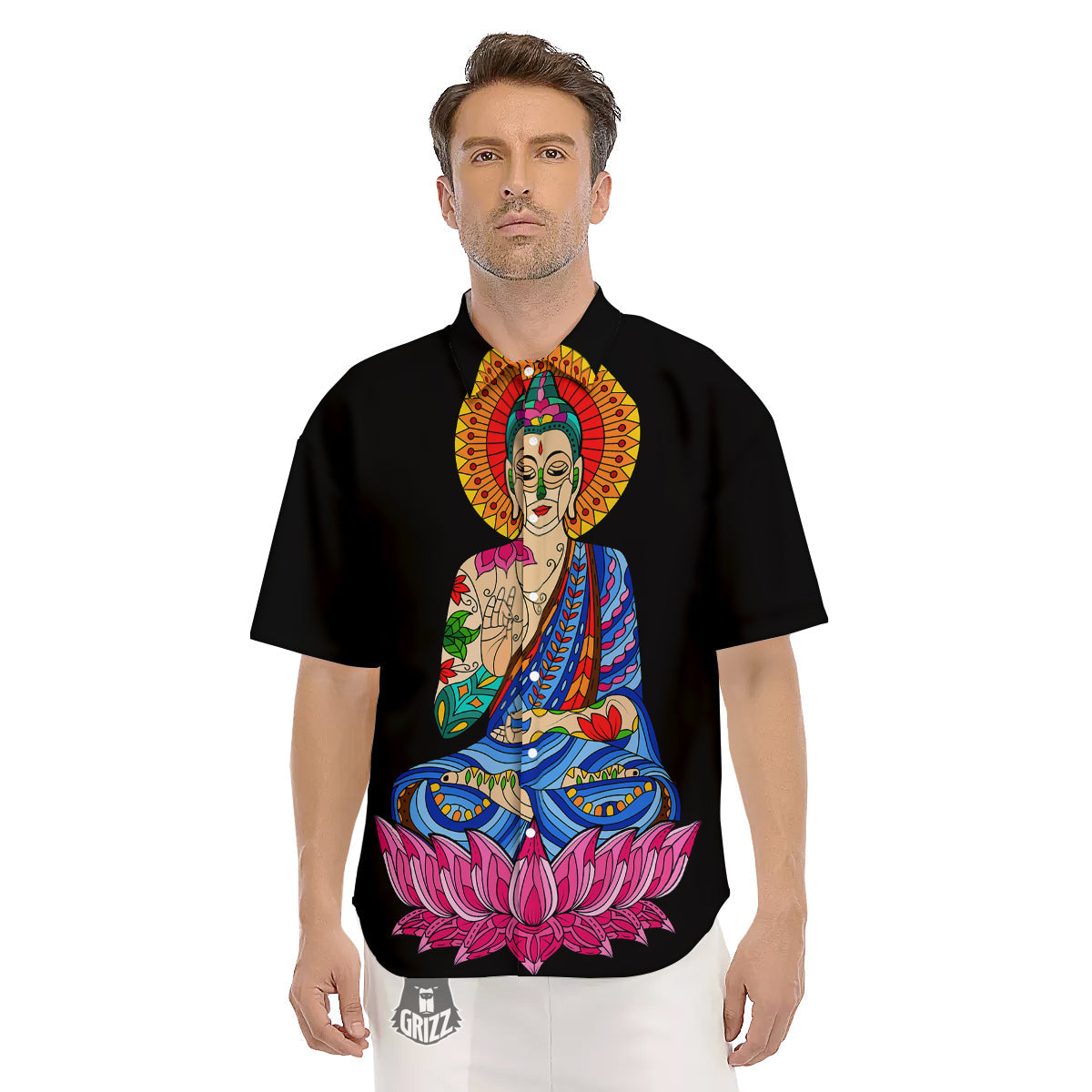 Lotus Buddha Colorful Print Men's Short Sleeve Shirts-grizzshop
