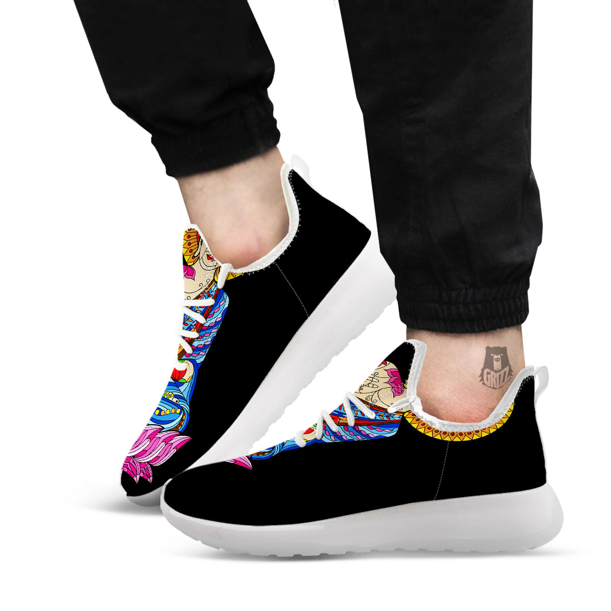 Lotus Buddha Colorful Print White Athletic Shoes-grizzshop