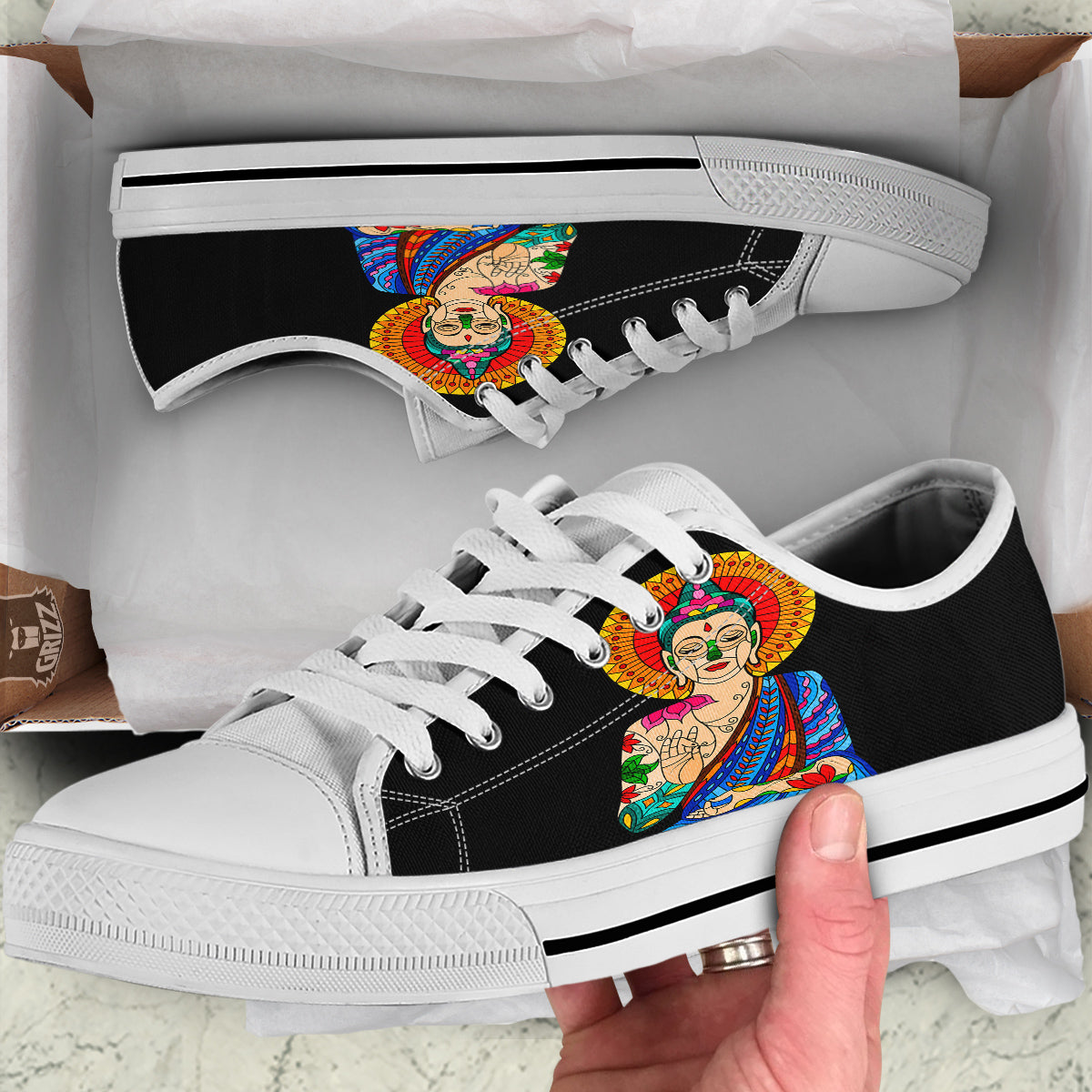 Lotus Buddha Colorful Print White Low Top Shoes-grizzshop