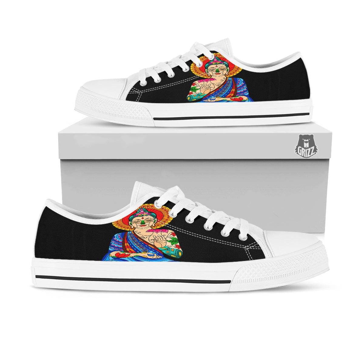 Lotus Buddha Colorful Print White Low Top Shoes-grizzshop