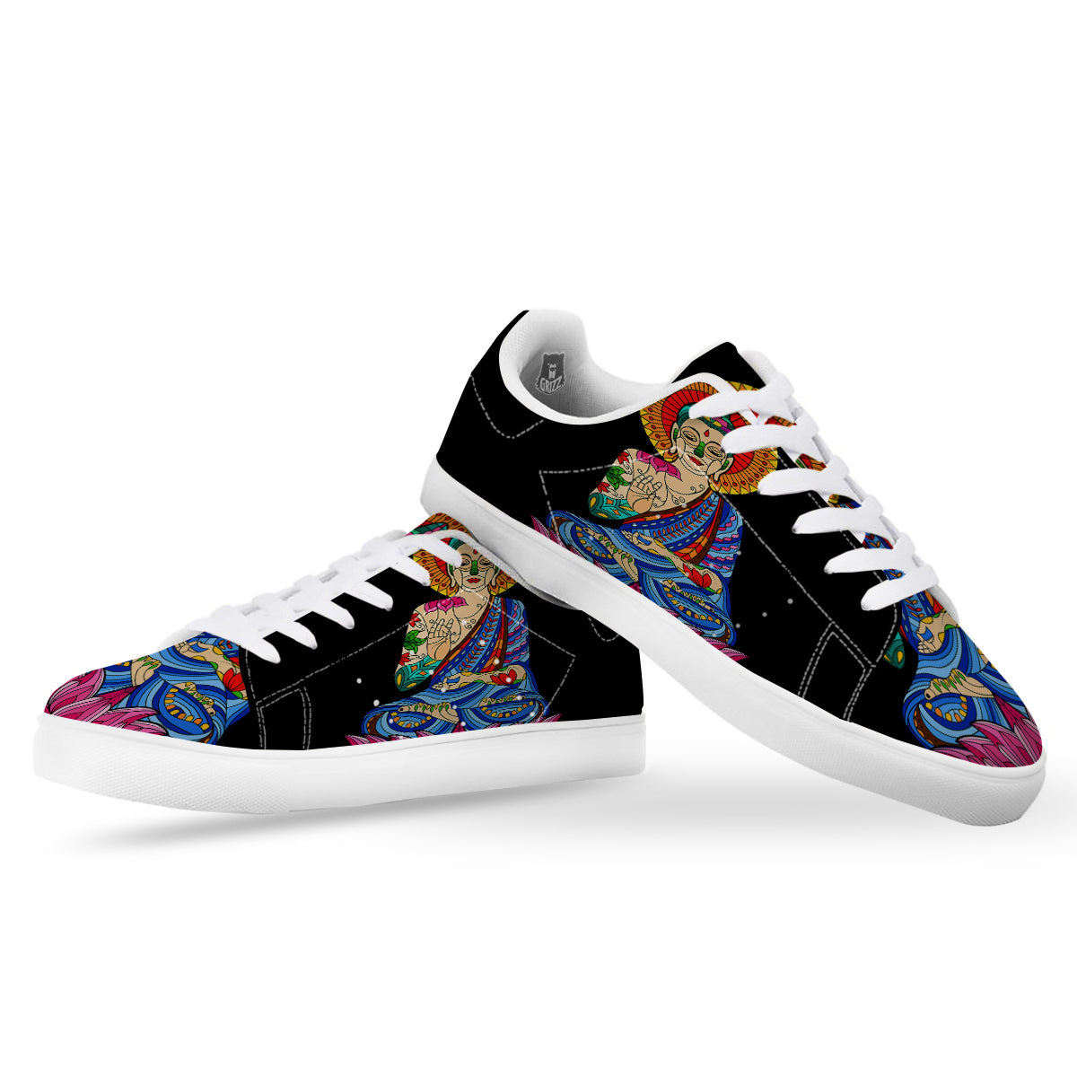 Lotus Buddha Colorful Print White Low Top Sneakers-grizzshop