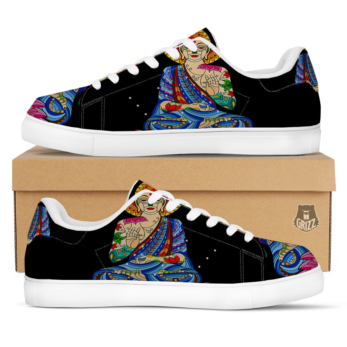 Lotus Buddha Colorful Print White Low Top Sneakers-grizzshop