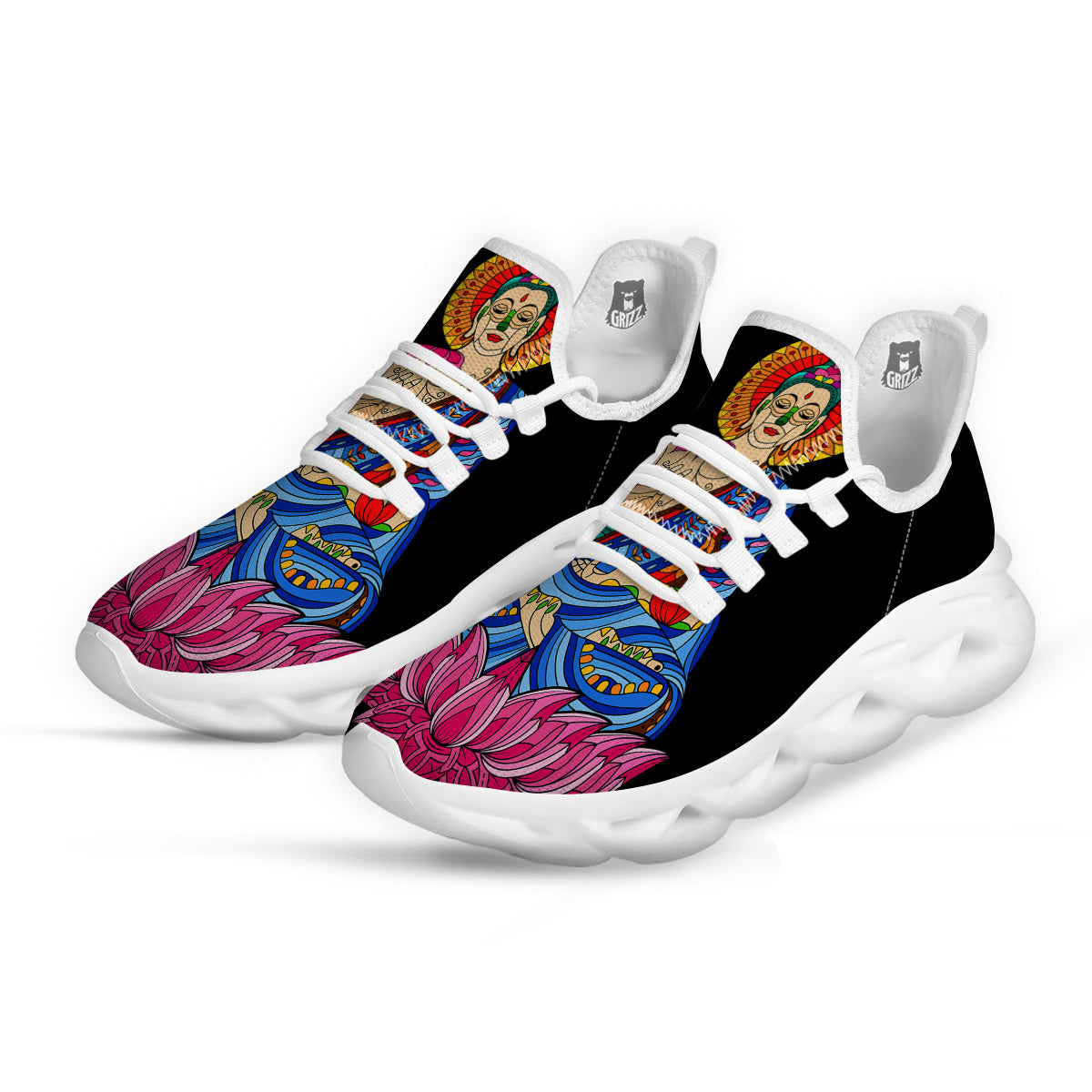 Lotus Buddha Colorful Print White Running Shoes-grizzshop