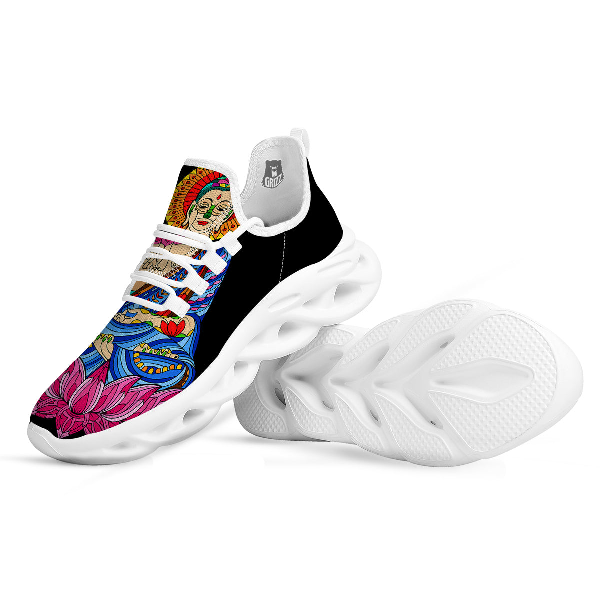 Lotus Buddha Colorful Print White Running Shoes-grizzshop