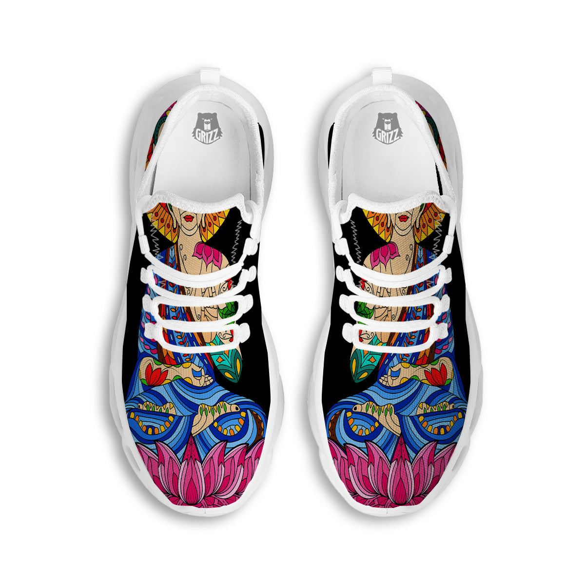 Lotus Buddha Colorful Print White Running Shoes-grizzshop