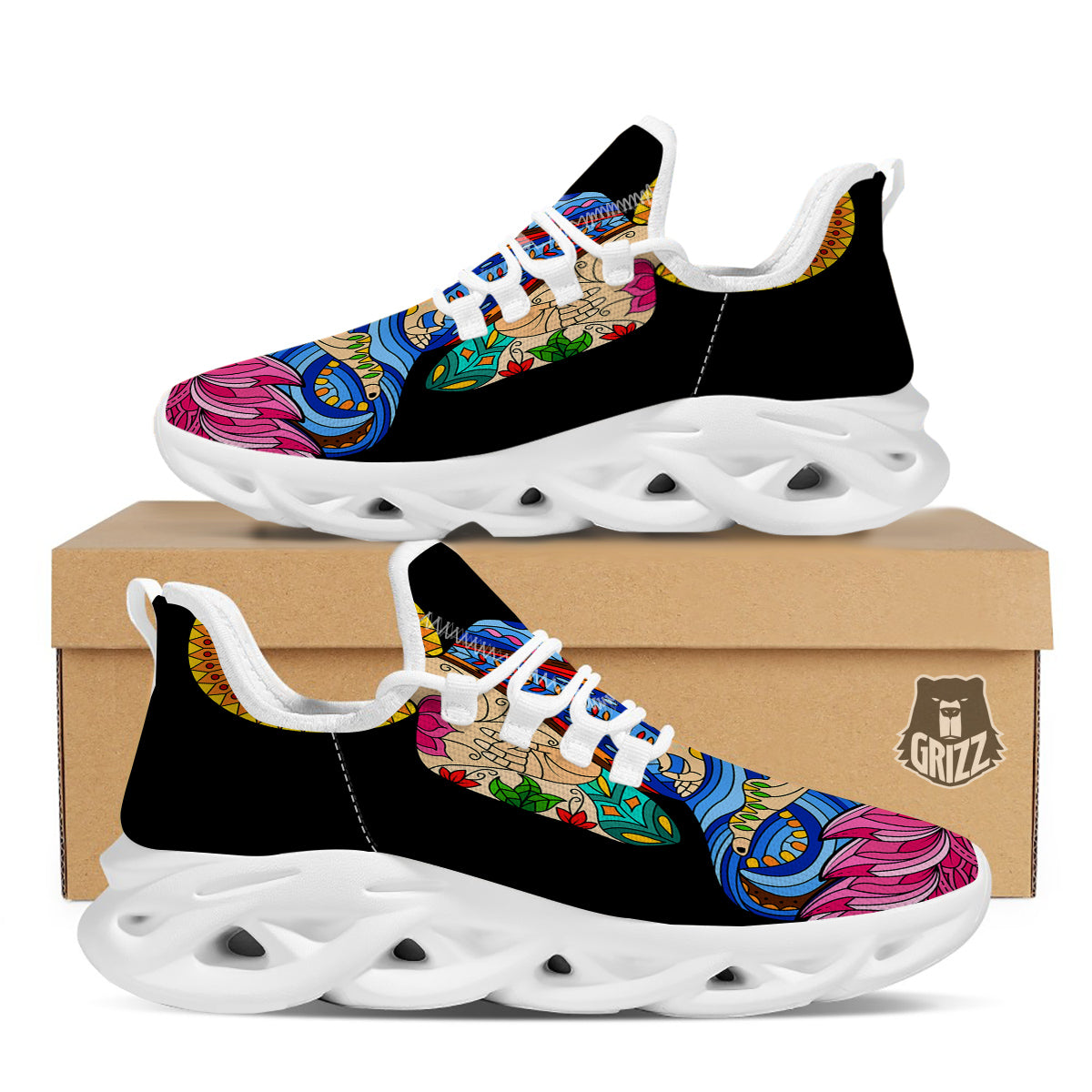 Lotus Buddha Colorful Print White Running Shoes-grizzshop