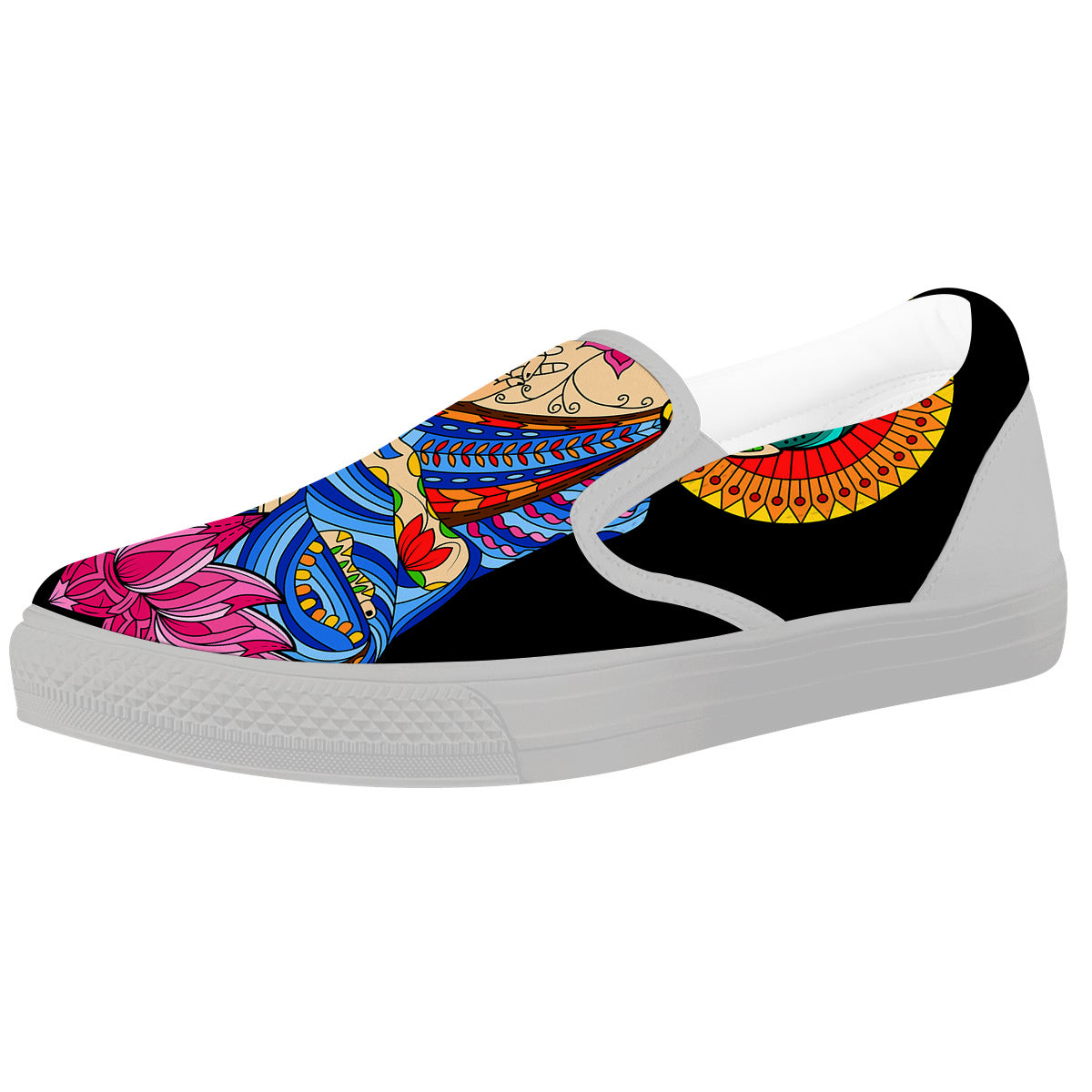 Lotus Buddha Colorful Print White Slip On Shoes-grizzshop