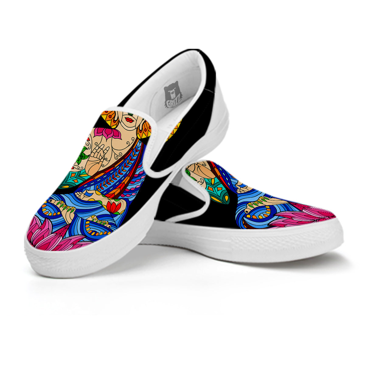 Lotus Buddha Colorful Print White Slip On Shoes-grizzshop