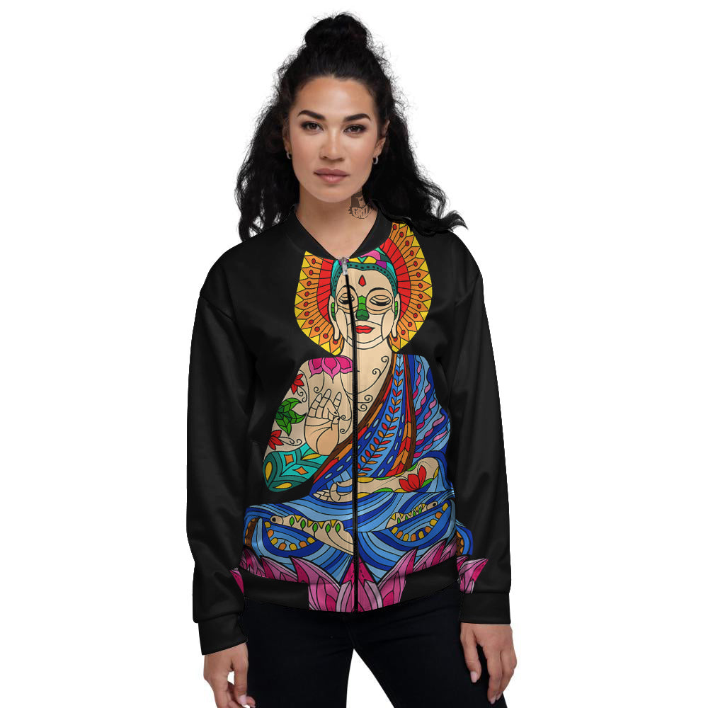 Lotus Buddha Colorful Print Women's Bomber Jacket-grizzshop