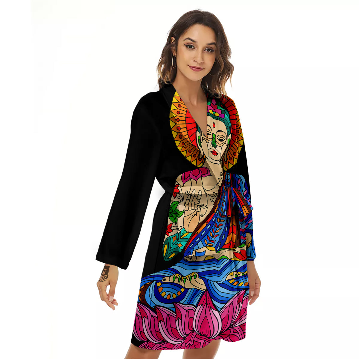 Lotus Buddha Colorful Print Women's Robe-grizzshop
