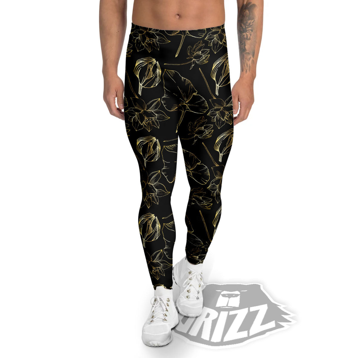 Lotus Flower Gold And Black Print Men's Leggings-grizzshop