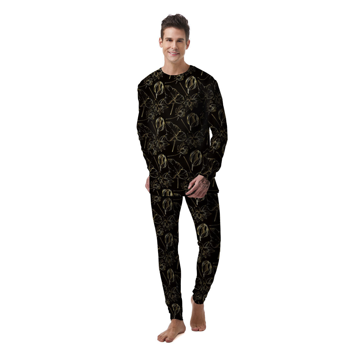 Lotus Flower Gold And Black Print Men's Pajamas-grizzshop