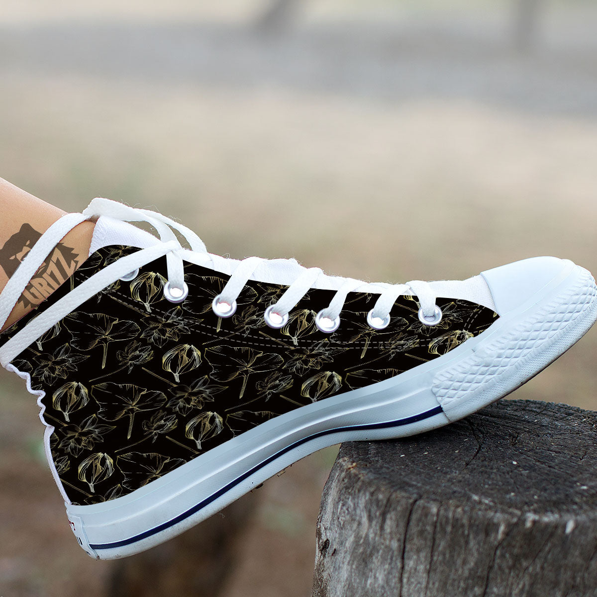 Lotus Flower Gold And Black Print White High Top Shoes-grizzshop
