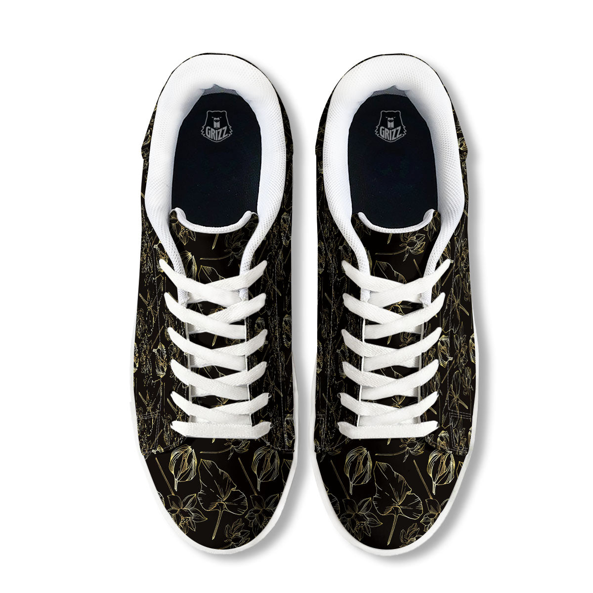 Lotus Flower Gold And Black Print White Low Top Sneakers-grizzshop
