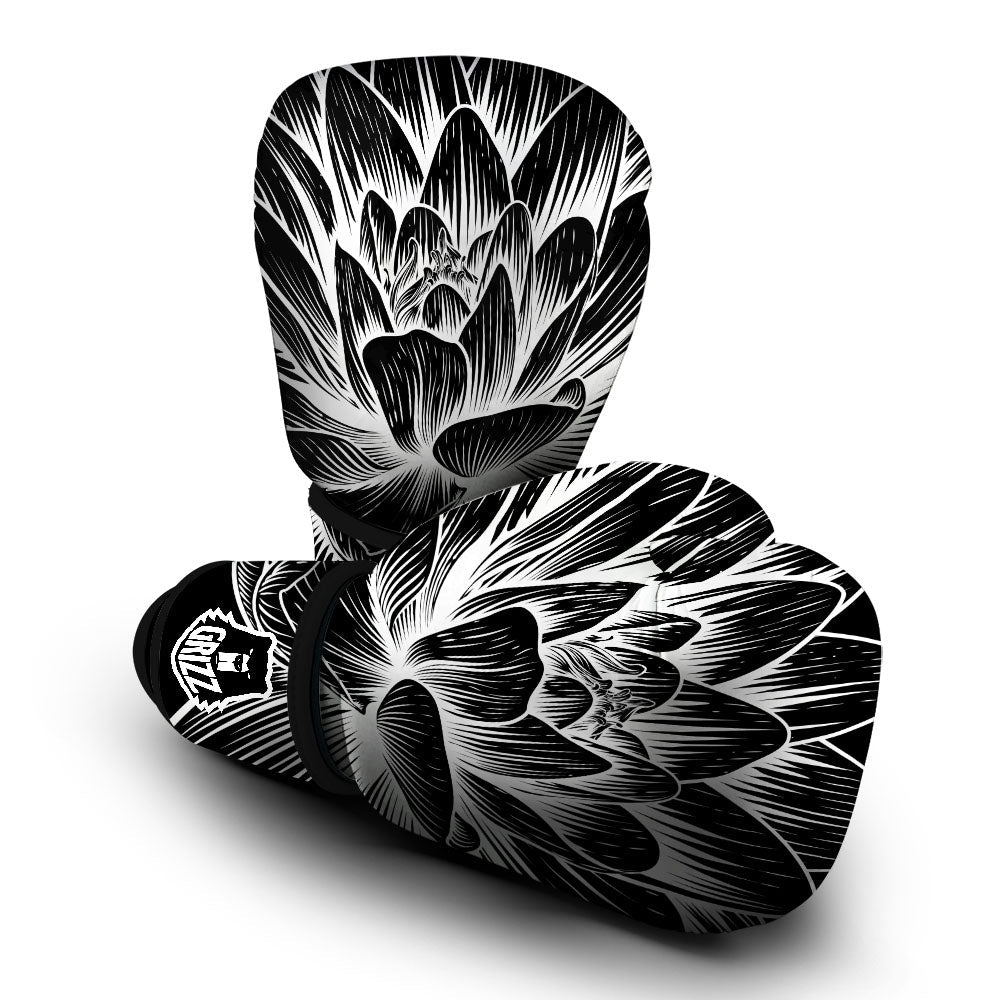 Lotus Flower White And Black Print Boxing Gloves-grizzshop