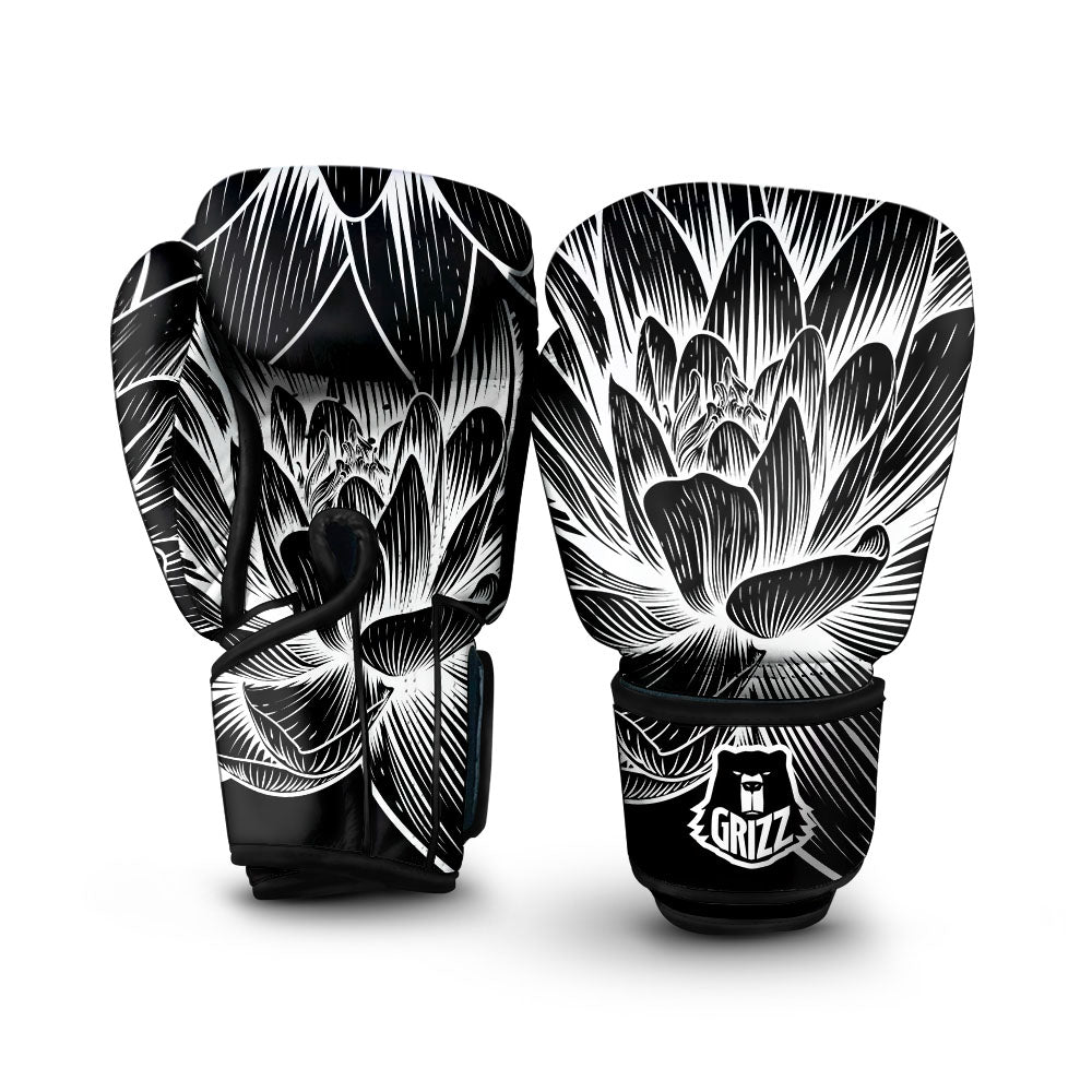 Lotus Flower White And Black Print Boxing Gloves-grizzshop