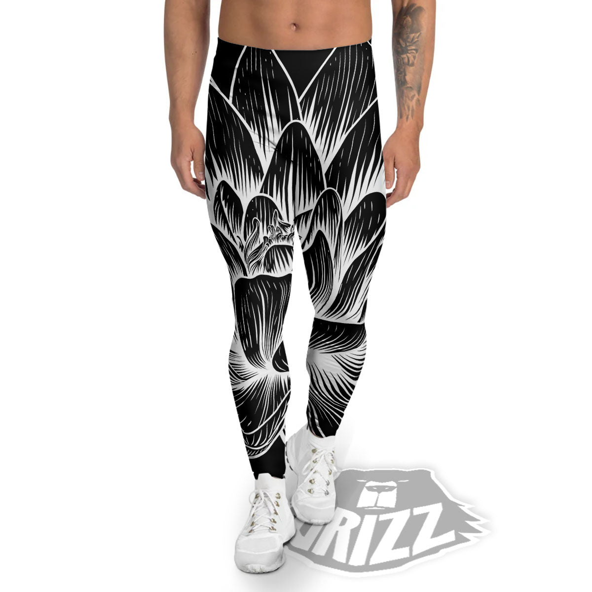 Lotus Flower White And Black Print Men's Leggings-grizzshop