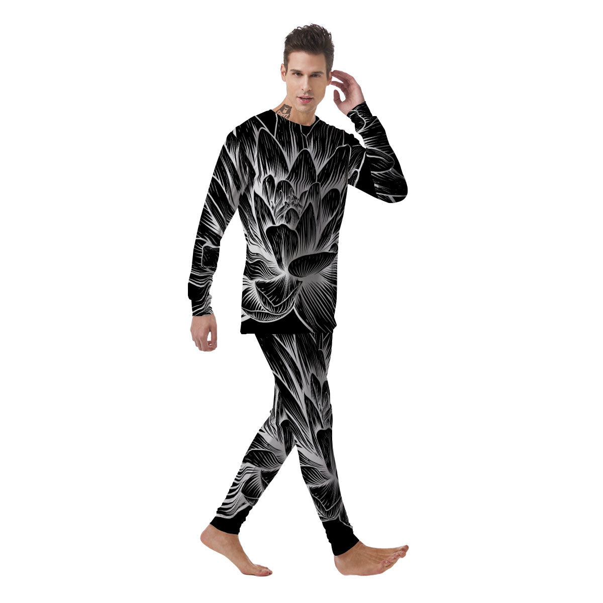 Lotus Flower White And Black Print Men's Pajamas-grizzshop