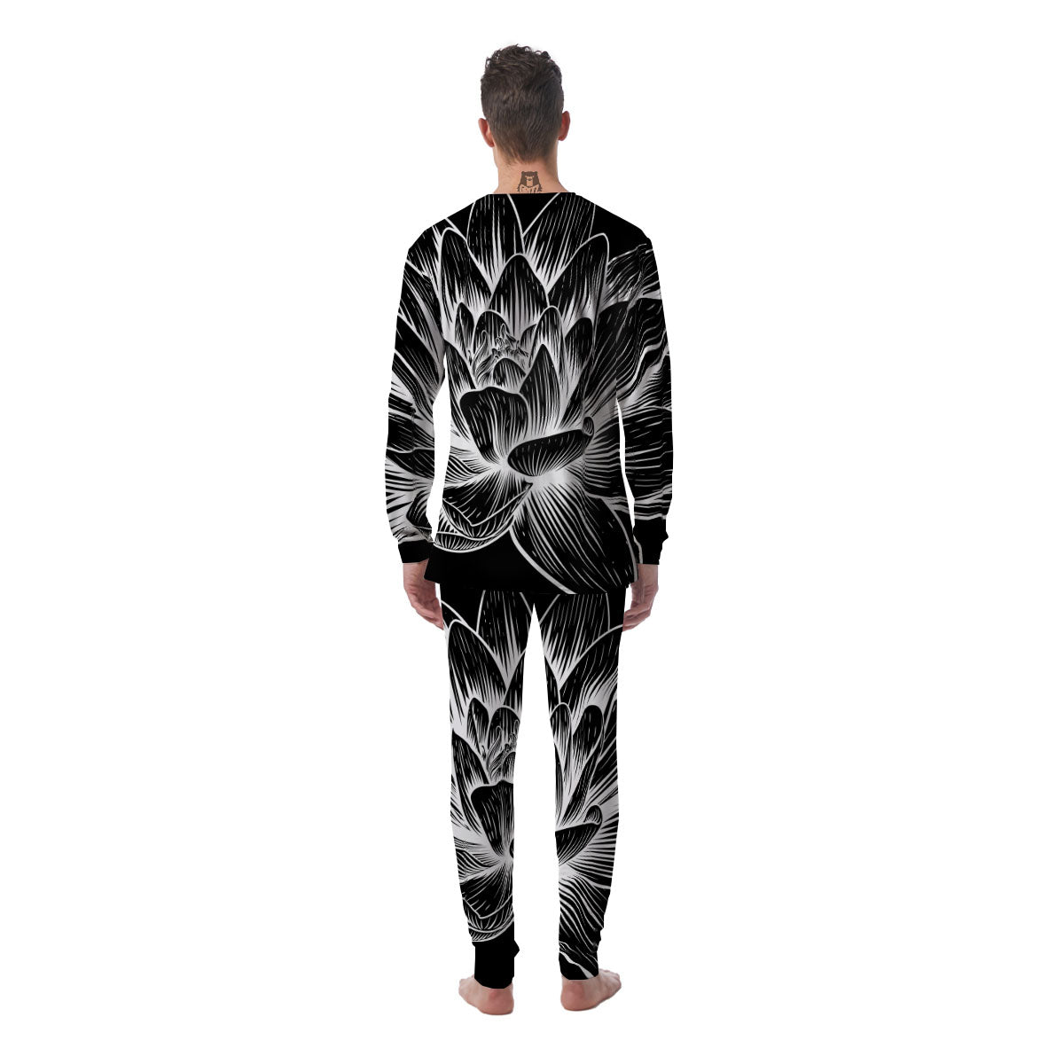 Lotus Flower White And Black Print Men's Pajamas-grizzshop